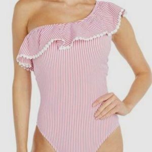 J Crew Red Seersucker One Shoulder ruffle One piece Swimsuit